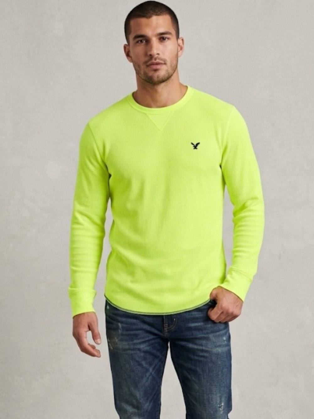 American Eagle Neon Yellow Thermal Long-Sleeve Shirt Classic Fit Waffle Knit XXL